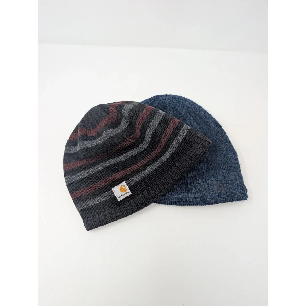 Northface Navy Fleece Lined Beanie + Carhartt Reversible Knit Hat Bundle‎ OS